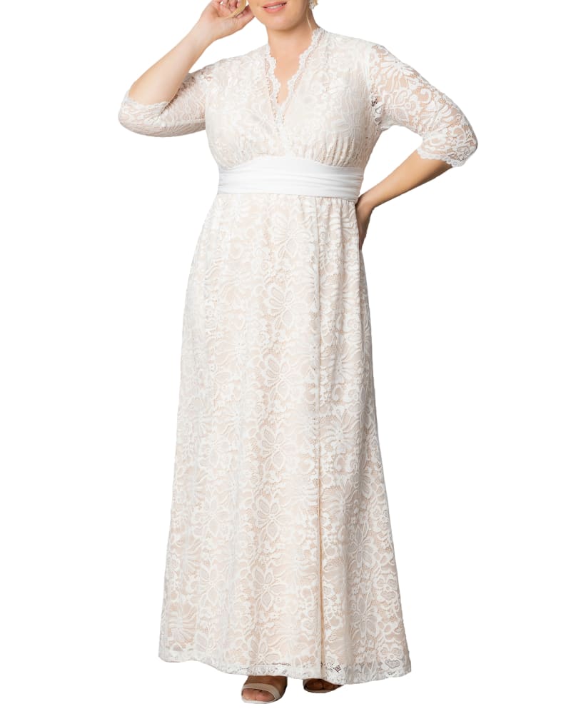 Front of a model wearing a size 5X Amour Lace Wedding Gown in IVORY/NUDE by Kiyonna. | dia_product_style_image_id:299228